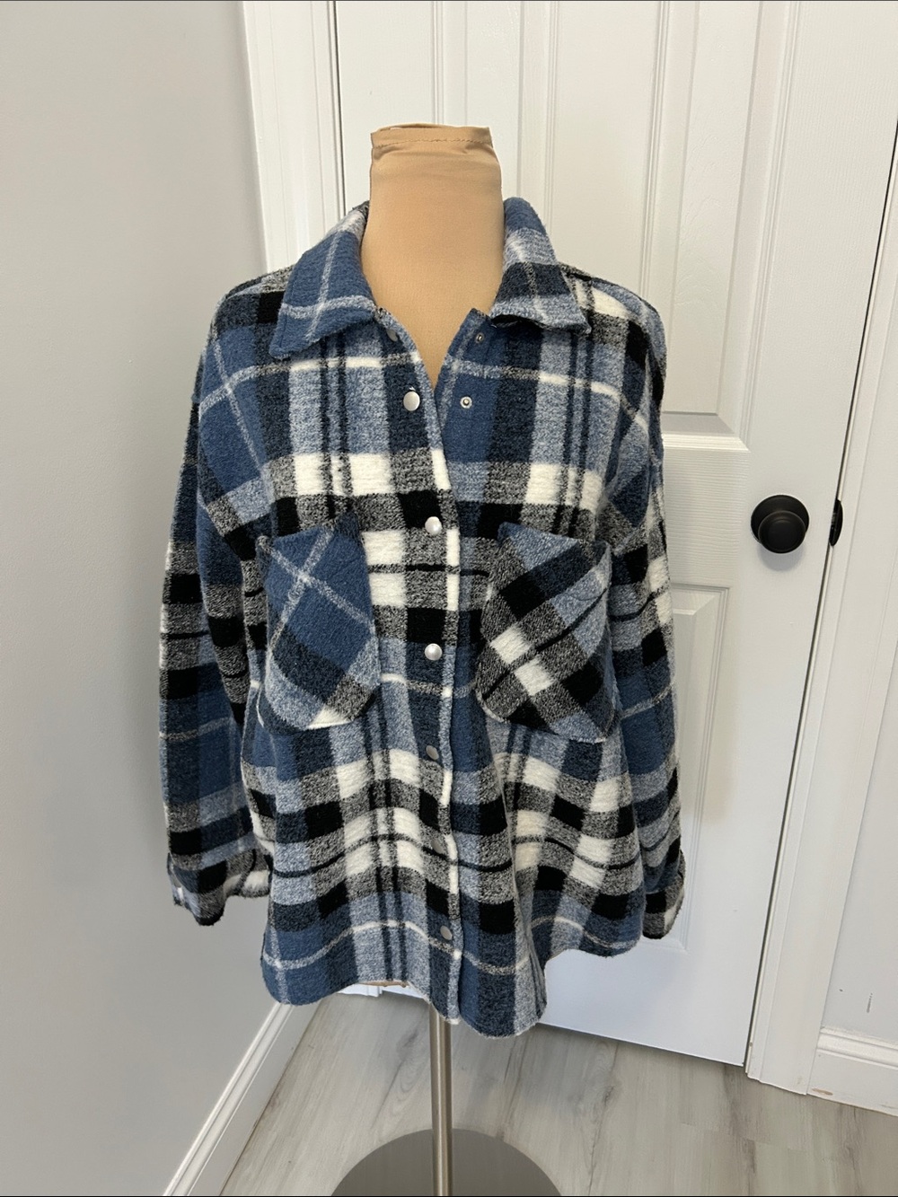 Hipchik Couture Blue Plaid Aspen Embellished Flannel Fleece Shacket
